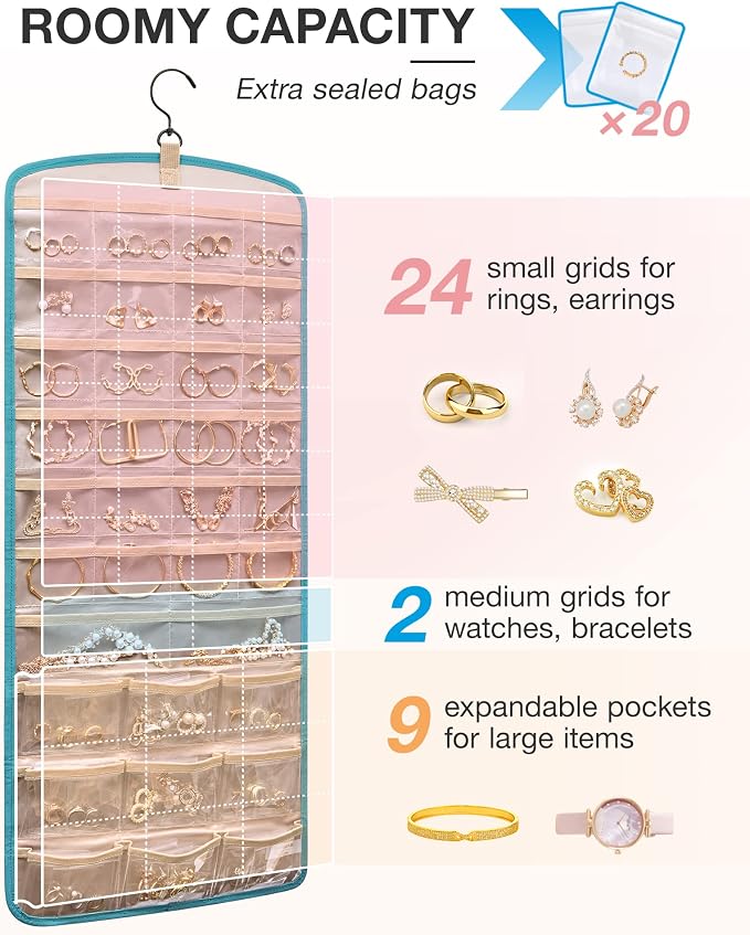 BAGSMART Hanging Jewelry Organizer, Necklace Holder Anti-tangle Earrings Rings Hanger with 20 Jewelry Bags Travel Storage Roll with Pockets Hang on Closet, Wall, Door,1 Piece, Large, Teal