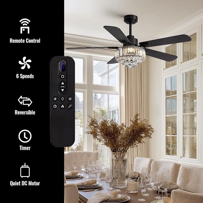 Crystal Fandelier Ceiling Fan with Light,Chandelier Ceiling Fan with Remote and APP Control,Quiet Light for Bedroom, 3 Color Temperature, 52 Inch vintage ceiling fan With 6 Speeds