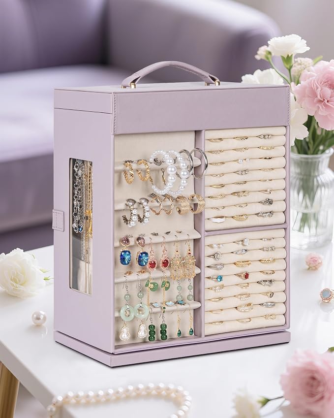 AKOZLIN 6-Tier Jewelry Box Organizer Functional 5 Drawers Leather Jewelry Storage Case for Women Girls Ring Necklace Earring Bracelet Holder Organizer with Mirror XL Purple 360° Rotating
