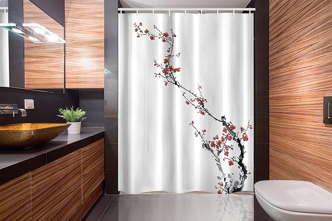 Ambesonne Watercolor Flower Stall Shower Curtain, Sakura Tree Cherry Branches in Classic Style Artwork, Fabric Bathroom Decor Set with Hooks, 54" W x 78" L, Coral Black