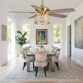 52" Antique Brass Crystal Ceiling Fan with Light and Remote, Vintage Chandelier Ceiling Fan with 5 Wood Blades, Reversible AC Motor, 3-Speed Downrod Mount Fan for Living Room Bedroom Dining Room