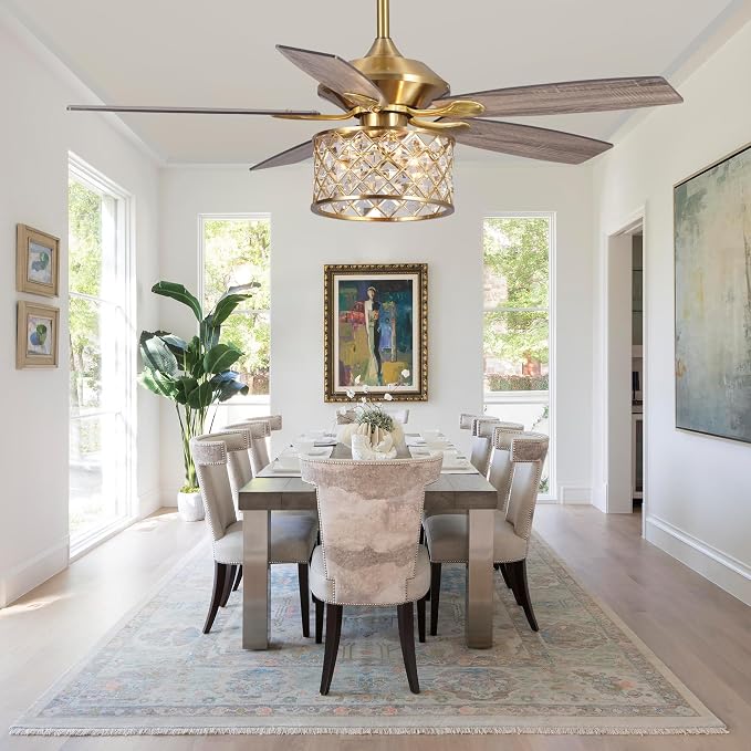 52" Antique Brass Crystal Ceiling Fan with Light and Remote, Vintage Chandelier Ceiling Fan with 5 Wood Blades, Reversible AC Motor, 3-Speed Downrod Mount Fan for Living Room Bedroom Dining Room