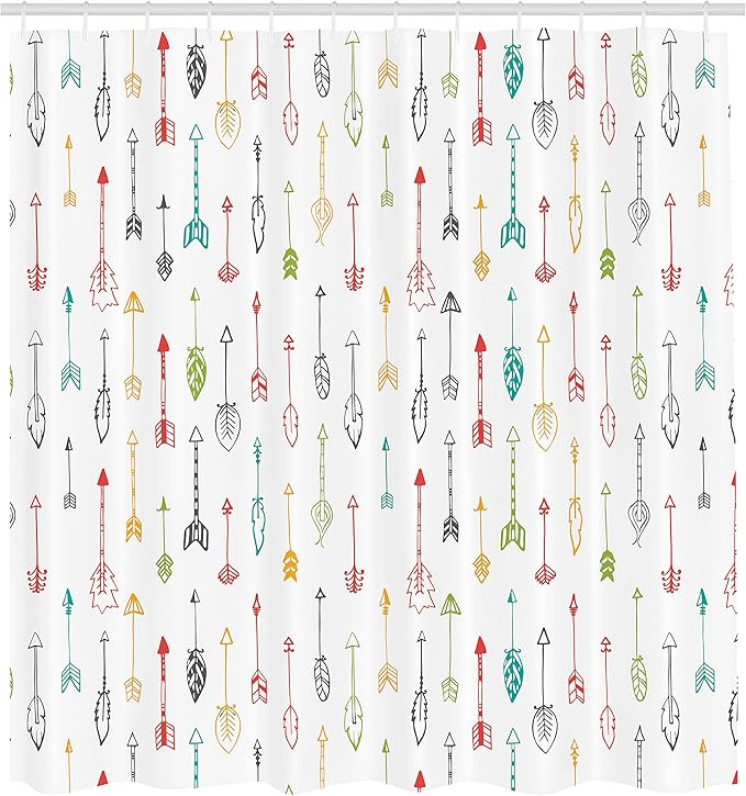 Ambesonne Arrows Shower Curtain, Colorful Hand Drawn Doodle Style Fun Art with Boho Style Arrows Vertical Pattern, Cloth Fabric Bathroom Decor Set with Hooks, 69" W x 75" L, Yellow Green