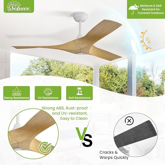 Sofucor 52 Inch Ceiling Fans No Lights, Modern Ceiling Fan with 3 Plastic Blades, 4500CFM 6-Speed 3-Timer Reversible DC Motor, for Bedroom Living Room Patios Office, ETL/FCC
