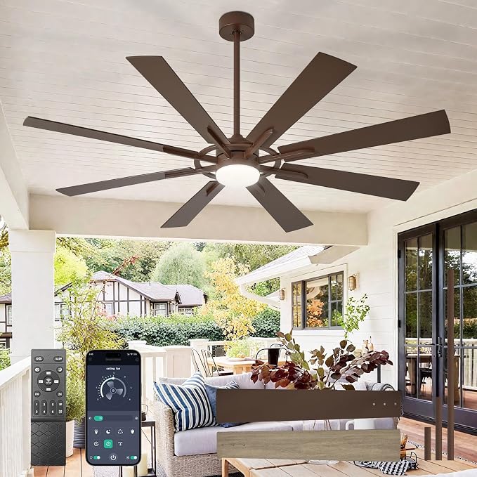 Large Ceiling Fans with Lights: Modern 66 Inch 8 Blade Outdoor Ceiling Fan with Remote APP Control - Dimmable Brown Big Fan light Indoor Reversible 6 Speed Quiet DC Motor