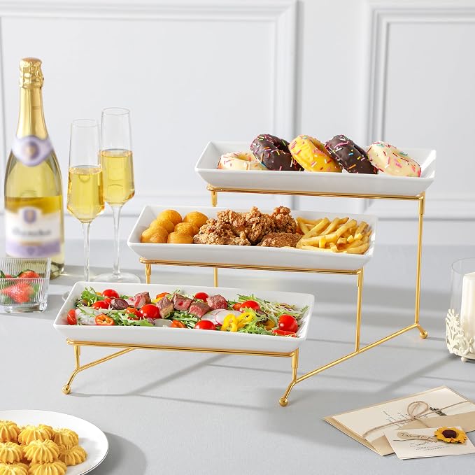 MALACASA 3 Tier Serving Trays for Party, 12 Inch Porcelain White Trays for Serving Food, Dessert Stand with Collapsible Gold Metal Rack | Tiered Serving Stand for Party, Fruit Tray, Trays for Serving Food, Dessert Stand with Collapsible Sturdier Gold M...