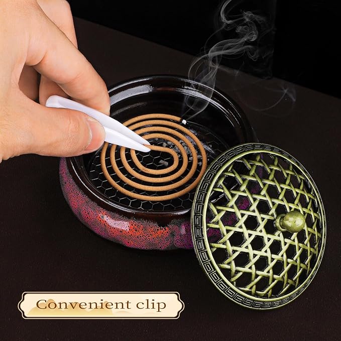 Ceramic Incense Burner for Cone and Backflow Incense, Metal Lid, Stainless Steel Incense Holder, Incense Bowl with Incense Cone Holder & Burner Holder (Fambe Red)