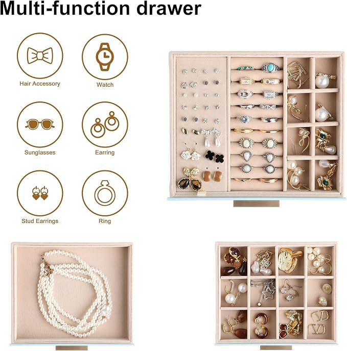 Frebeauty Jewelry Box for Women,Clear Lid Jewelry Organizer with 3 Drawers | Faux Leather,Velvet Lining,3 Layers,Jewelry Storage for Ring Earring Stud,Dustproof Design,Gift Choice,Golden Stylish Handle