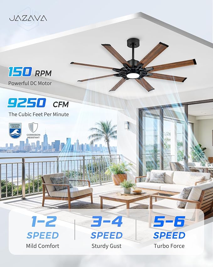 60 Inch Ceiling Fan with Light, Indoor Outdoor Ceiling Fan with 8 Aluminium Wood Grain Metal Blades, Smart Fan with Alexa, Modern Quiet Fan for Patio, Garage, Living Room, ZCCF05AWD-60