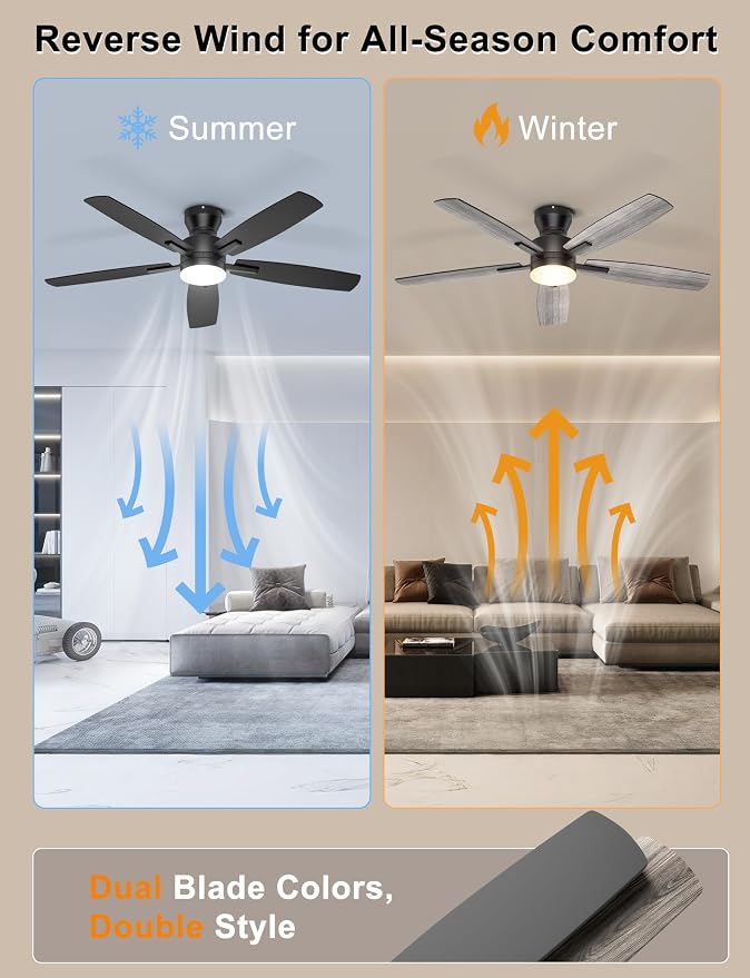 Ohniyou Ceiling Fans with Lights, 52'' Low Profile Ceiling Fan with Light and Remote/APP Control, Modern Flush Mount Ceiling Fan for Indoor Bedroom Living Room, Dimmable, Quiet DC Motor, Black