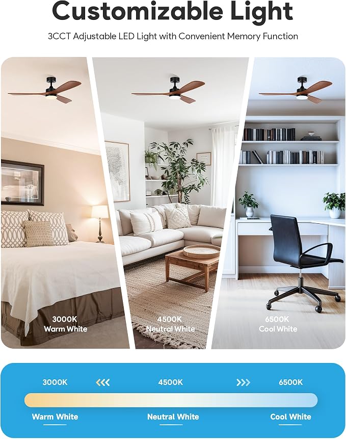 VONLUCE Wood Ceiling Fan with Lights, 52 Inch Ceiling Fans and Remote, 6 Speed Reversible Noiseless DC Motor, 3CCT, Solid Wood Outdoor Ceilings Fan for Patios Farmhouse, Walnut