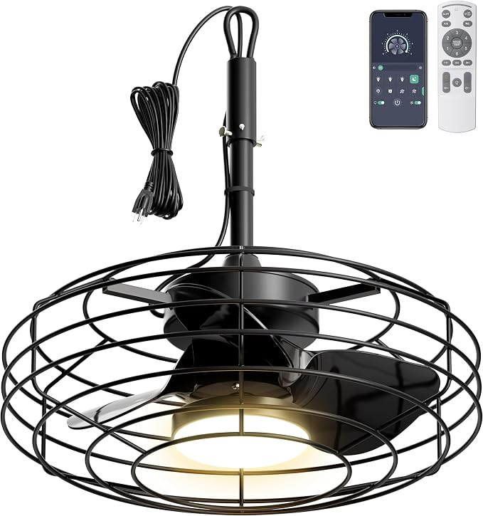 Coolbull 20'' Black Outdoor Ceiling Fans with Light for Gazebos, Patios | IP63 Waterproof, Plug and Play, Remote/APP Control, 3 CCT Dimmable, Enclosed Caged Fan with Hanging Hook