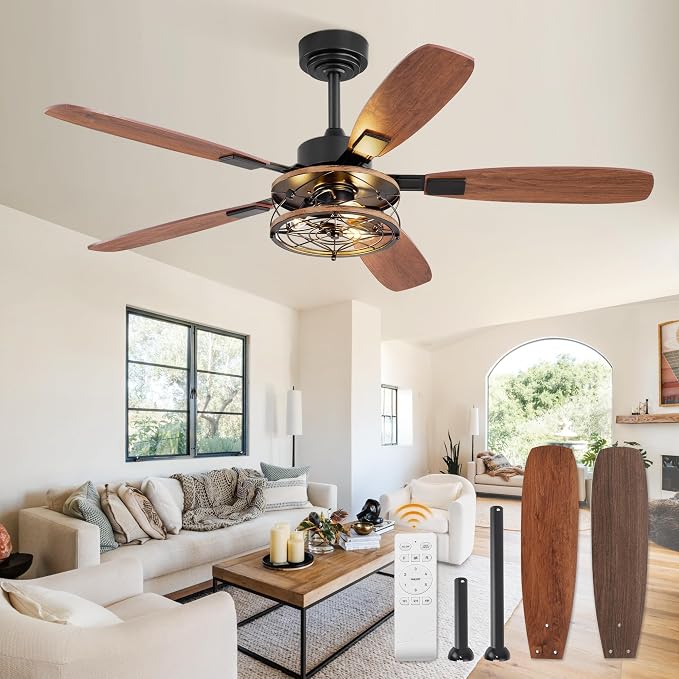 52 Inch Farmhouse Ceiling Fan with Light and Remote, Black Industrial Caged Flush Mount Ceiling Fans with 6 Speed Reversible Motor and Dual Finish 5 Blades, Rustic Ceiling Fan for Living room, Bedroom