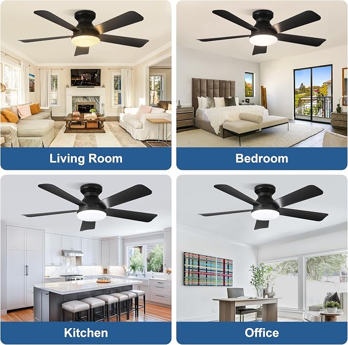 Hywyimlait Black 42Inch Ceiling Fan Light with Remote Control, Flush Mount Installation, Reversible Rotation, 3 Color Temperatures, 2/4H Timer, Suitable for Bedrooms, Living Rooms, Indoor/Outdoor Use