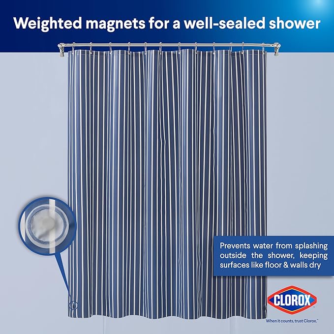 Clorox Shower Curtain Liner, Premium Striped Medium-Weight Durable Waterproof 6g PEVA for Bathroom with Weighted Magnets, Printed Standard Size 72" x 72", Navy