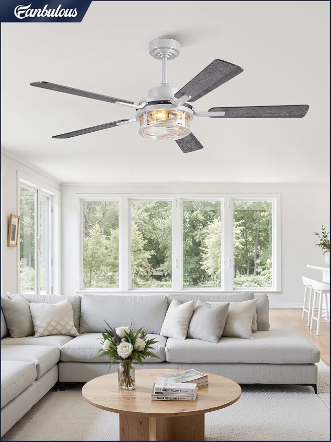 Fanbulous 52 Inch Ceiling Fan with Light and Remote,Downrod Mount Farmhouse Ceiling Fan for Bedroom, Quiet 6-Speed Reversible DC Motor, Rustic White & Wood Finish Blades