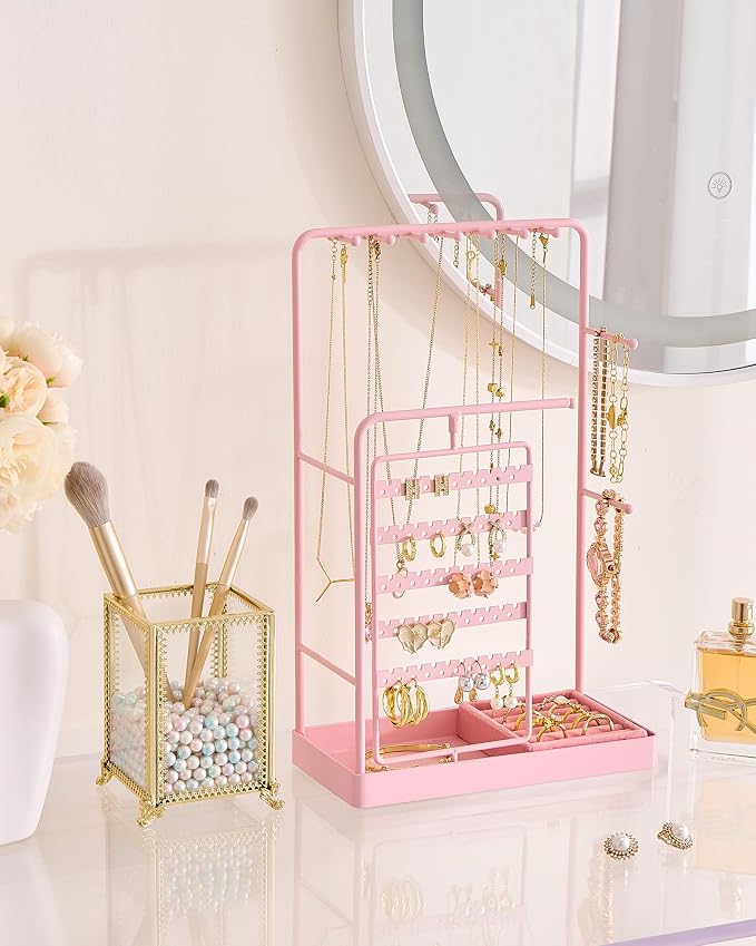 ProCase Jewelry Stand Holder Organizer and Storage, Pink (No-Assembly) | Rotating Earring Bracelet Holder Storage, Hanging Jewelry Display Velvet Ring Tray, Teen Girls Birthday Gifts Room Dorm Decor