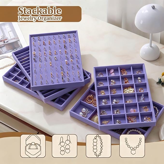 Large Velvet Jewelry Tray 2 Pack Stackable Jewelry Display Drawer Inserts Trays Organizer for Earring Bracelet Necklace Ring (Purple, 35 Grids)