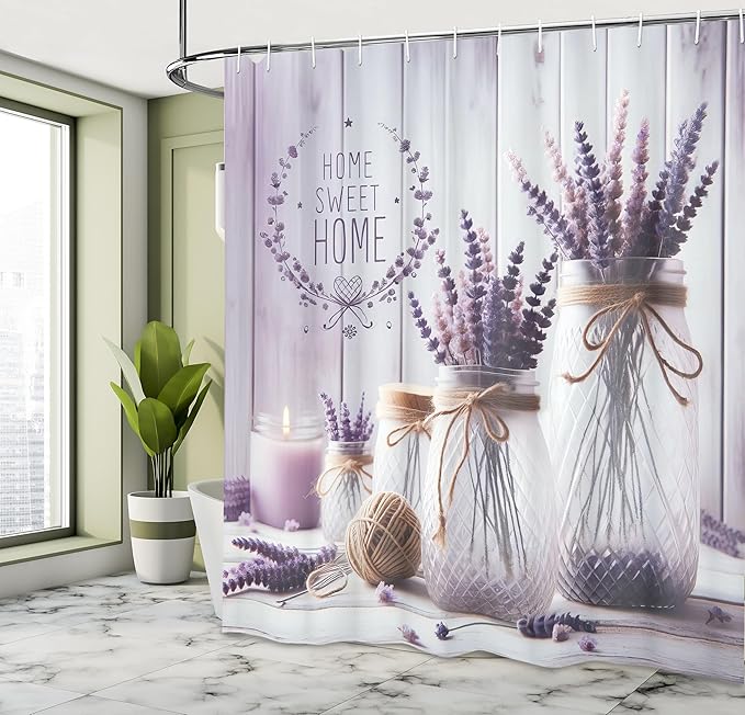 Ambesonne Purple Shower Curtain, Classic Farmhouse Lavender Flowers on Rustic Back with Home Lettering, Cloth Fabric Bathroom Decor Set with Hooks, 69" W x 84" L, Off White Grey Pink Lilac
