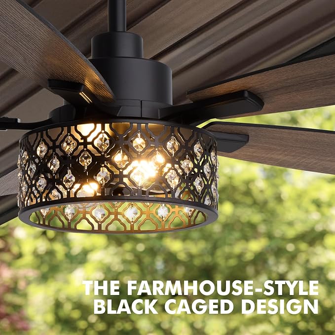 52 Inch Farmhouse Ceiling Fan with Lights and Remote, 5 Blades Double-color Finish, Quiet & Reversible DC Motor, Crystal Caged Ceiling Fan for Bedroom Living Room Kitchen Outdoor Covered Patio