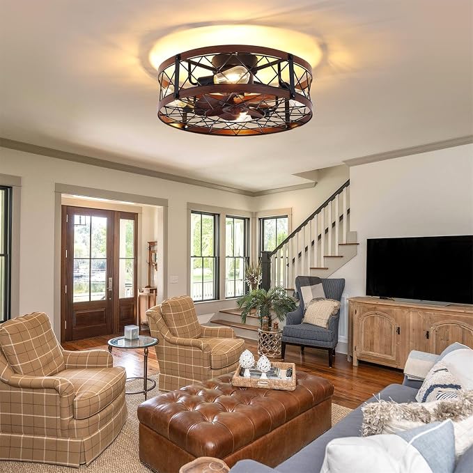 24" Farmhouse Flush Mount Caged Ceiling Fans with Lights, Rustic Low Profile Ceiling Fan with Light and Remote, Quiet Reversible DC Motor Bladeless Enclosed Ceiling Fan for Bedroom Dining Room Kitchen