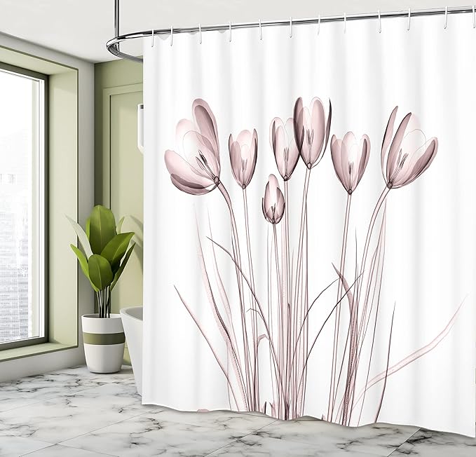 Ambesonne Flower Shower Curtain, X-ray Image of Tulips Solarized Effect Nature Inspired Illustration, Cloth Fabric Bathroom Decor Set with Hooks, 69" W x 75" L, Mauve Taupe