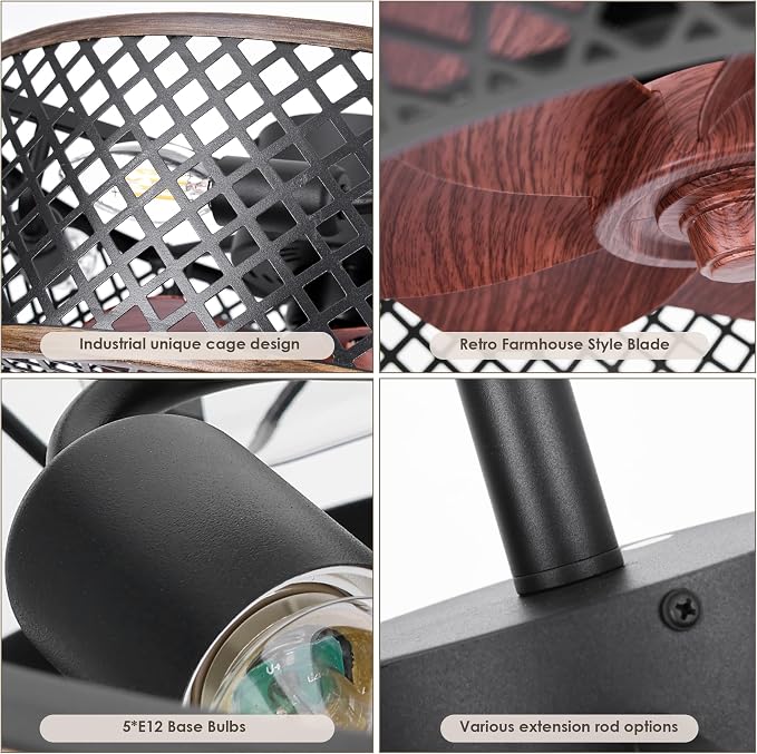 REDSTAR Caged Ceiling Fans with Lights, Black Industrial Ceiling Fan with Light and Remote, Farmhouse Ceiling Fan Light for Living Room, Bedroom, Kitchen (Modern Minimalist)