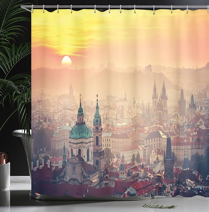 Ambesonne European Shower Curtain, Sunrise in Prague Old Medieval Town Historical Monumental Nostalgic Boho Form, Cloth Fabric Bathroom Decor Set with Hooks, 69" W x 75" L, Ruby