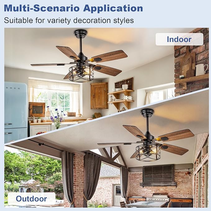 Depuley 42-Inch Ceiling Fans with Lights: Caged Ceiling Fans Dual Finish 5 Blades - Rustic Ceiling Fan with Remote Control for Farmhouse Living Room Outdoor Porch Noiseless (Black Walnut)