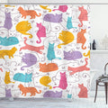 Ambesonne Cat Shower Curtain, Colorful Cats Jumping Playing Sitting Relaxing Feline Joyful Modern Line Art, Cloth Fabric Bathroom Decor Set with Hooks, 69" W x 70" L, Mustard Purple