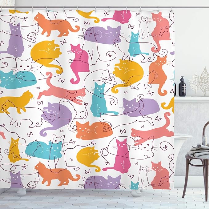 Ambesonne Cat Shower Curtain, Colorful Cats Jumping Playing Sitting Relaxing Feline Joyful Modern Line Art, Cloth Fabric Bathroom Decor Set with Hooks, 69" W x 75" L, Mustard Purple