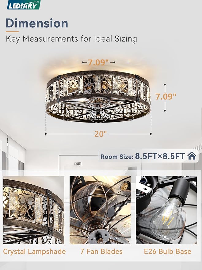 LEDIARY 20" Caged Ceiling Fans with Lights,Flush Mount Vintage Victorian Rustic Crystal Fandelier,Low Profile Farmhouse Enclosed Ceiling Fan with Light and Remote for Bedroom,Kitchen,Indoor,Black Gold
