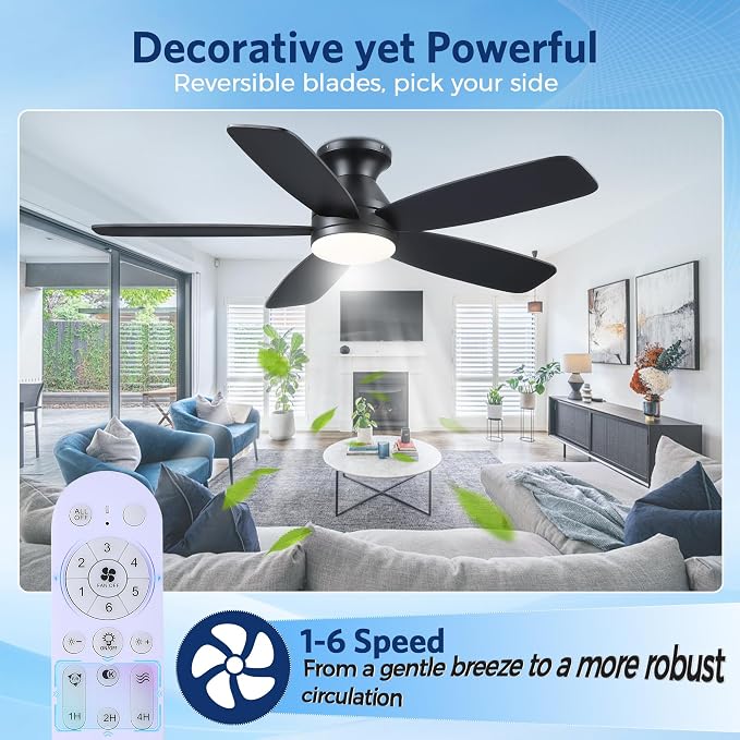 JSAITEE 48" Ceiling Fans with Lights Low Profile - Flush Mount Ceiling Fan with Light and Remote, 6 Wind Speeds Reversible, 3CCT Dimmable, Black Fan Light for Modern Indoor, Bedroom, Kitchen