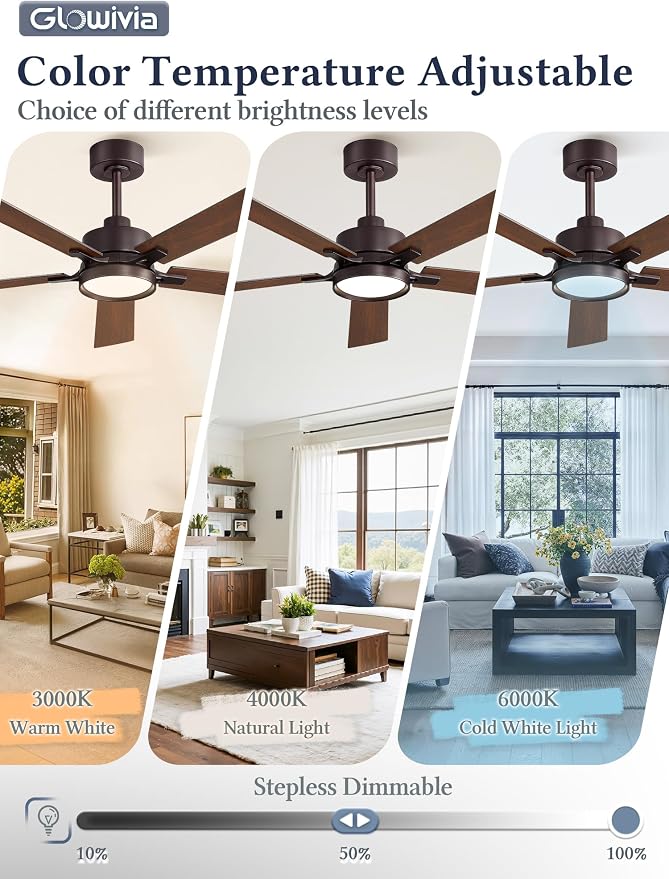 52 Inch Ceiling Fan with Lights and Remote, Smart APP Control, Dimmable with All-Setting Memory, Quiet DC Motor Reversible Blades, Damp Rated Modern Ceiling Fan for Bedroom Patio Living Room