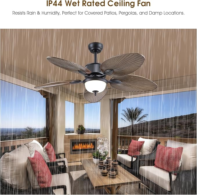 Wiviniya 50 Inch Tropical Ceiling Fans with Lights, Palm Leaf Waterproof Outdoor Ceiling Fan for Patios Porch, Remote/APP Control, Wet Rated, Glass Lampshade, Quiet DC Motor, Dimmable LED, Dark Brown