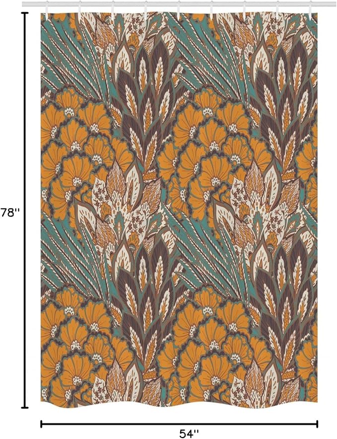 Ambesonne Floral Stall Shower Curtain, Pattern of Flowers and Peacock Feathers Floral Arrangement Art, Fabric Bathroom Decor Set with Hooks, 54" W x 78" L, Petrol Blue Pale Coffee