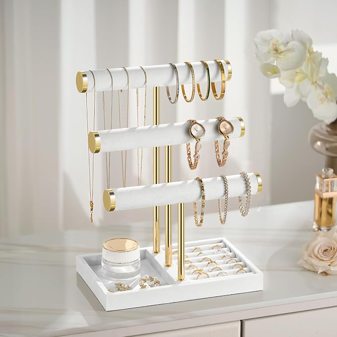 Jewelry Organizer Stand Display, 3 Tier Velvet Bracelet Holder, White | Jewelry Organizers and Storage | Jewelry Tree | Jewelry Towers for Necklaces, Bracelets, Earrings, Rings
