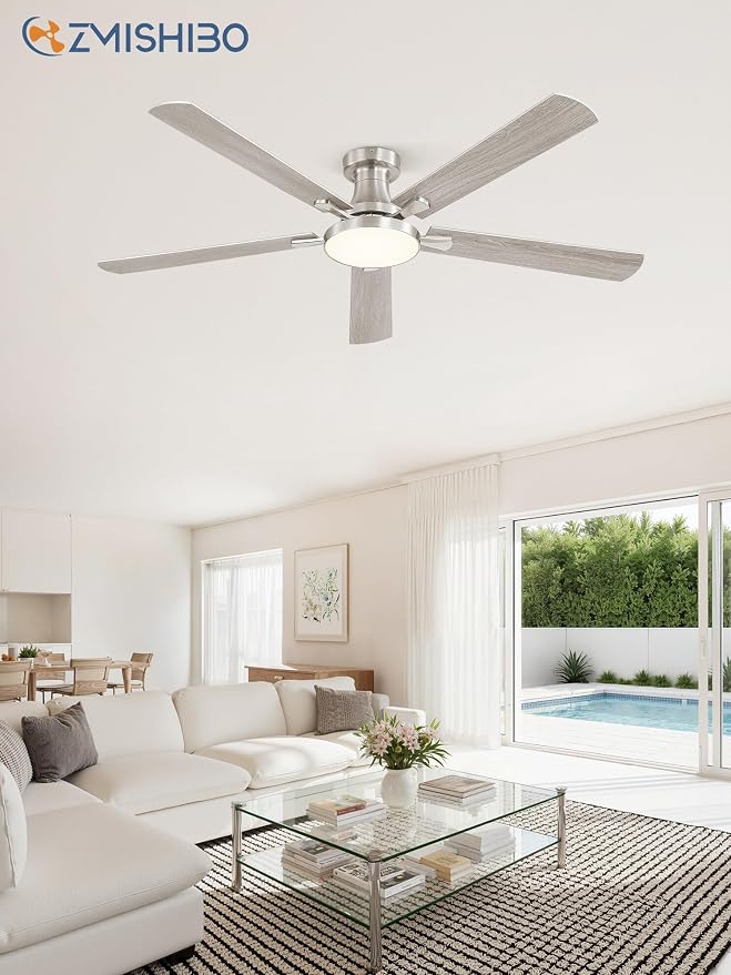 ZMISHIBO 60 Inch Flush Mount Ceiling Fan with Light, Remote&APP, Nickel | 6-Speed Quiet DC Motor, Dimmable 24W LED with 3CCT (3000K-6500K), Modern Low Profile for Living Room, Bedroom, Kitchen