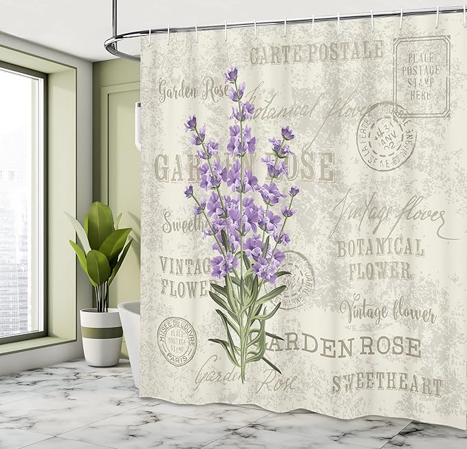 Ambesonne Lavender Shower Curtain, Vintage Postcard Composition Grunge Display and Flowers, Cloth Fabric Bathroom Decor Set with Hooks, 69" W x 70" L, Green Lavender