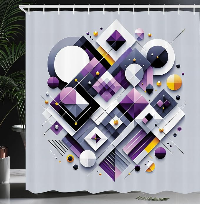 Ambesonne Geometric Shower Curtain, Abstract and Contemporary Style Shapes Circles Squares Stripes Illustration, Cloth Fabric Bathroom Decor Set with Hooks, 69" W x 75" L, Purple Orange