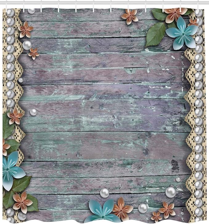 Ambesonne Pearls Shower Curtain, Floral Rustic Designed Pearls and Lace Like Design Flowers Wooden Background Print, Cloth Fabric Bathroom Decor Set with Hooks, 69" W x 70" L, Brown Blue