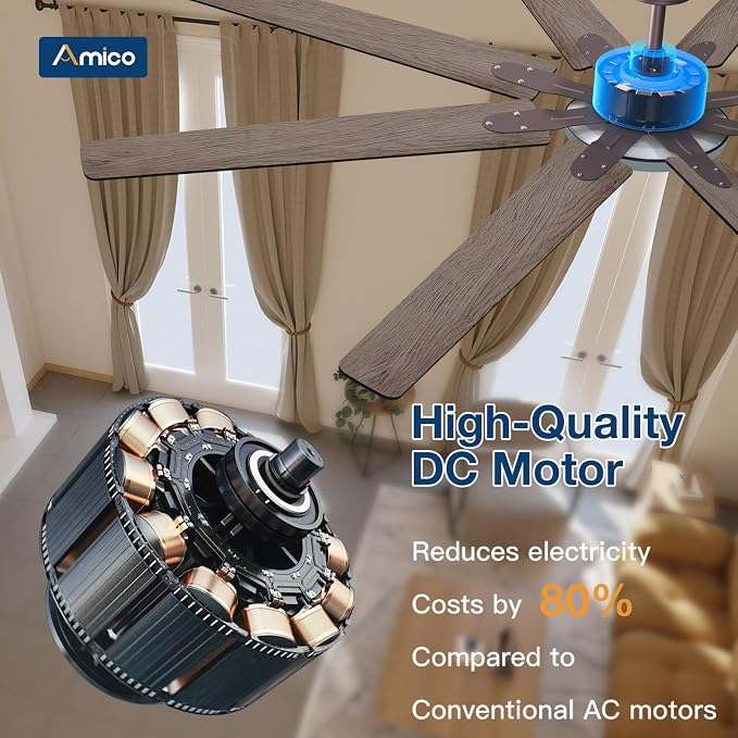 Amico 80 inch Ceiling Fans with Lights,Large Ceiling Fan with Light and Remote Control, Dimmable, 6 Speed Reversible Quiet DC Motor, Brown Modern Ceiling fan For Living Room, Bedroom, Kitchen, Patio