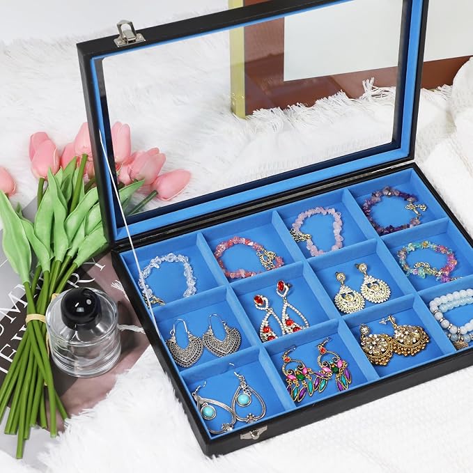 Stratalife 12 Grid Bracelet Jewelry Box, Bangle Holder Organizer with Lid | PU Leather Storage Box for Earring, Ring, Studs and Trinkets, Soft Velvet Drawer Organizer for Women, Dustproof, Blue Black