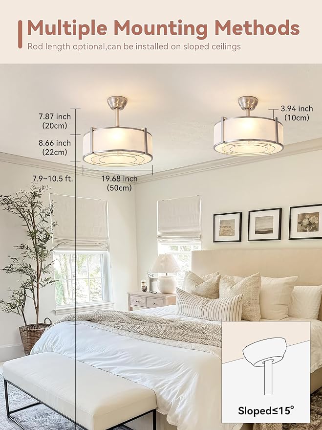 20" Silver Fandelier Ceiling Fans with Lights, Boho Rattan Ceiling Fan with Light Remote Control, Caged Mid-Century Modern with 6 Speeds for Bedroom, Nursery, Living Room