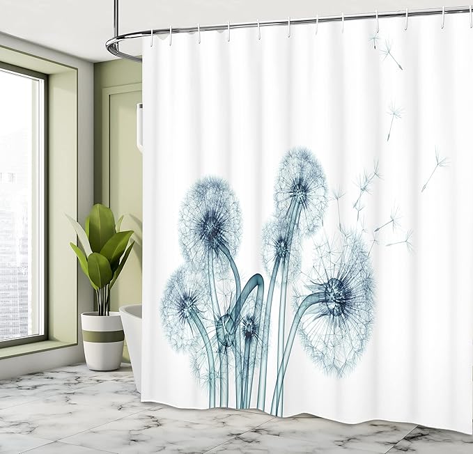 Ambesonne Flower Shower Curtain, Unusual Image of Dandelions on Simple Background Uv Style Negative of Nature Art, Cloth Fabric Bathroom Decor Set with Hooks, 69" W x 84" L, Cream Teal