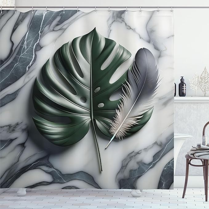Ambesonne Dark Green Shower Curtain, Abstract Nature Paint Art Monstera and Feather on Marble Print Cold Tones, Cloth Fabric Bathroom Decor Set with Hooks, 69" W x 70" L, Blue Grey Emerald