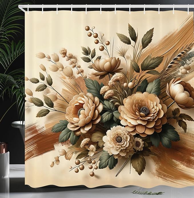 Ambesonne Tan Shower Curtain, Modern Farmhouse Feel Blooming Peony Flowery with Leaves Nostalgia Tones, Cloth Fabric Bathroom Decor Set with Hooks, 69" W x 84" L, Reseda Green Pale Caramel