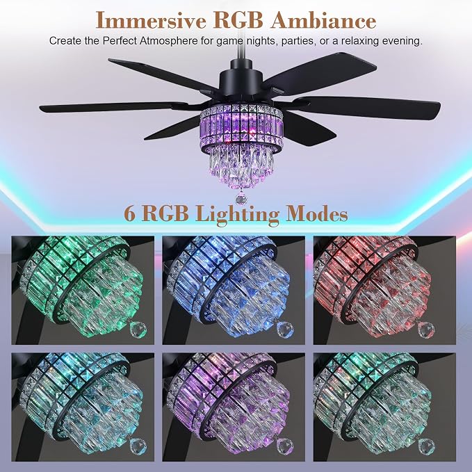 Kviflon 52 Inch Crystal Ceiling Fan with RGB Lights, Black Fandelier Ceiling Fan with Light and Remote/APP Control, Modern Chandelier Ceiling Fan for Bedroom Living Room, Quiet DC Motor, Dimmable LED