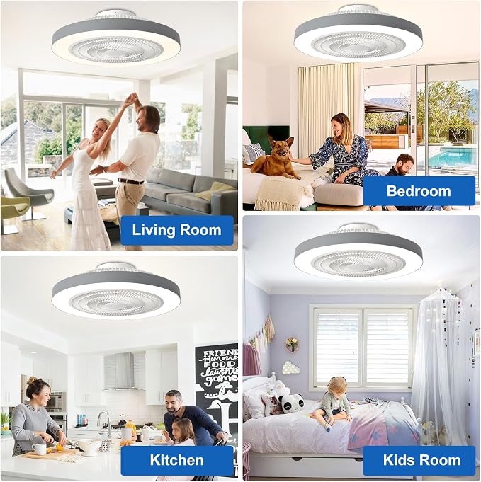 Depuley LED Ceiling Fan with Light: 19" Modern Flush Mount Low Profile Ceiling Fans with Remote & Smart APP Control - Grey Bladeless Fandelier Dimmable Quiet DC Motor for Bedroom Kids Room 6 Speeds