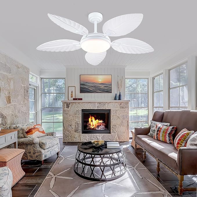 PHORUS 52" White Tropical Outdoor Palm Leaf Ceiling Fans with Lights Remote | Supports Remote and APP, 6 Wind Speeds, Reversible, Dimmable 3CCT LED, 50W Quiet DC Motor,Suits for Living Room Bedroom Patio